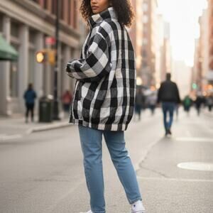 Alembika Black Checkered Gray Button Up Crinkle White Lightweight Jacket